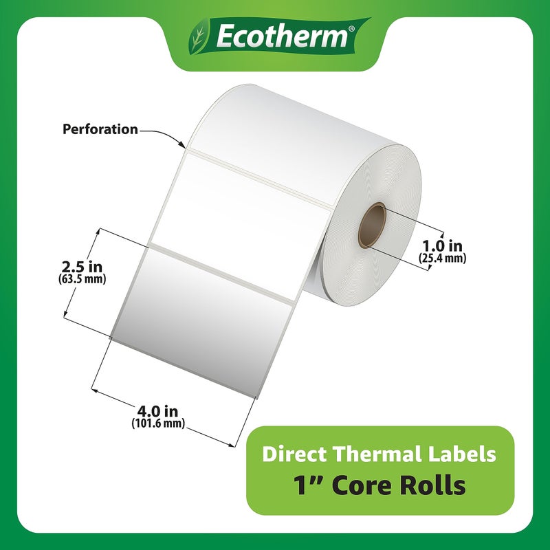 Ecotherm 4"" x 2.5"" Thermal Labels | 4 Rolls | 2400 Labels | fits Zebra, Munbyn, Rollo, Godex, Arkscan, iDPRT, Offnova Thermal Label Printers and More | Blank White Adhesive Stickers by Ecotherm - Image 3